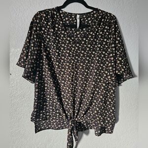 NY Collection Black with Gold Flowers Blouse Size Large Polyester